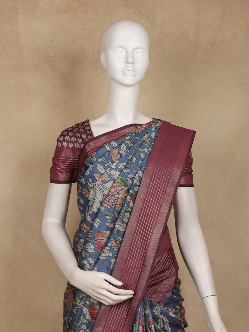Navy Blue Floral Printed Design Semi Tussar Saree With Maroon Border 2