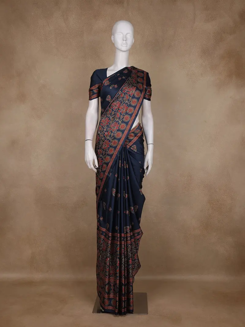 Navy Blue Floral Printed Design Tussar Saree With Contrast Border 1