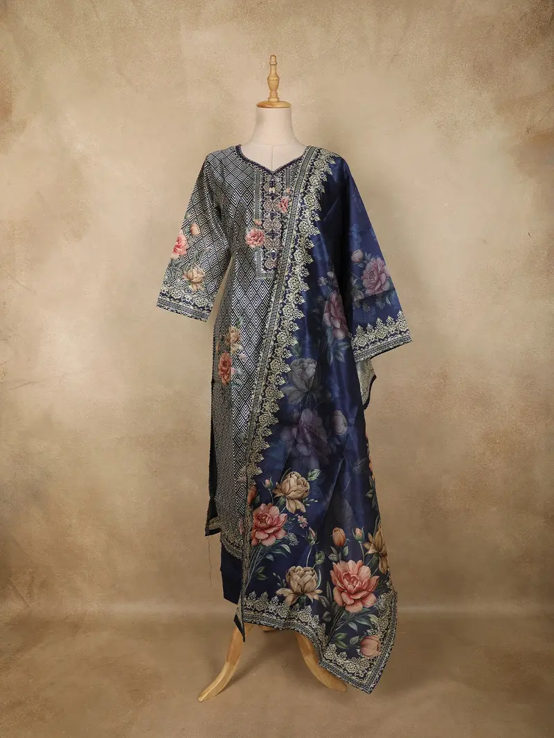 Navy Blue Floral Printed Design Tussar Silk Straight Cut Salwar Suit With Dupatta 1