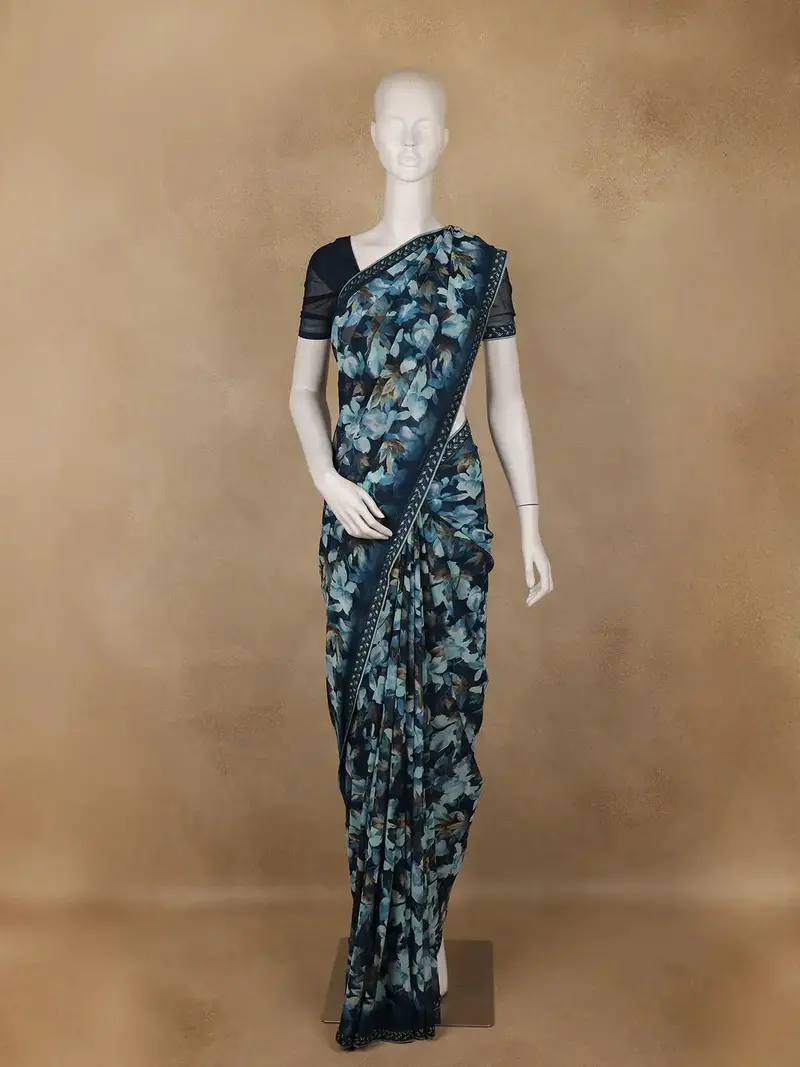 Navy Blue Floral Printed Georgette Saree 1