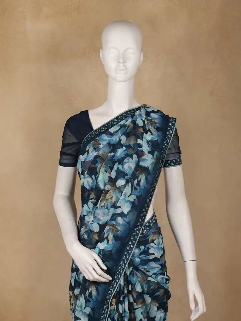 Navy Blue Floral Printed Georgette Saree 2