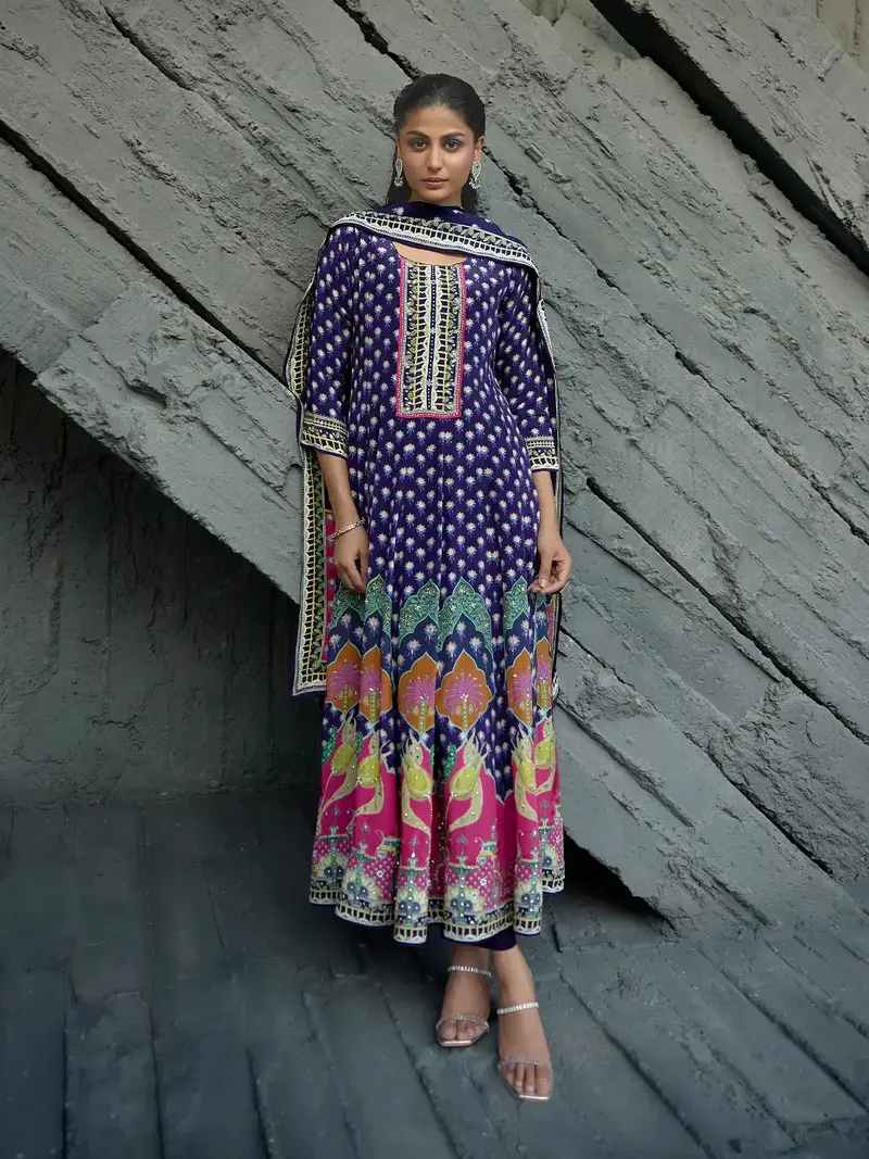 Navy Blue Floral Printed Synthetic Salwar Suit 1