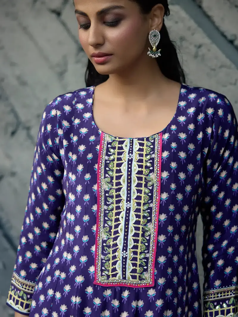 Navy Blue Floral Printed Synthetic Salwar Suit 2