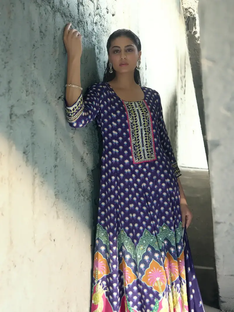 Navy Blue Floral Printed Synthetic Salwar Suit 3