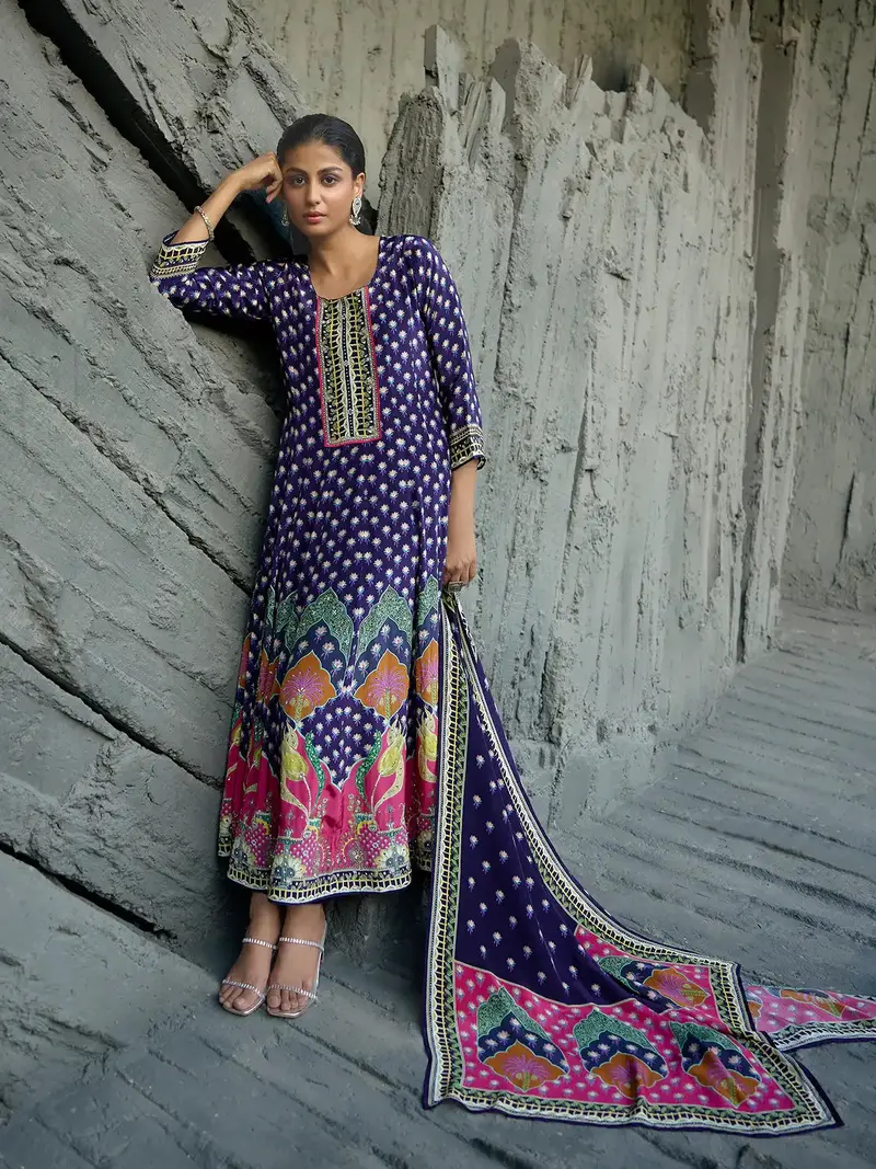 Navy Blue Floral Printed Synthetic Salwar Suit 4