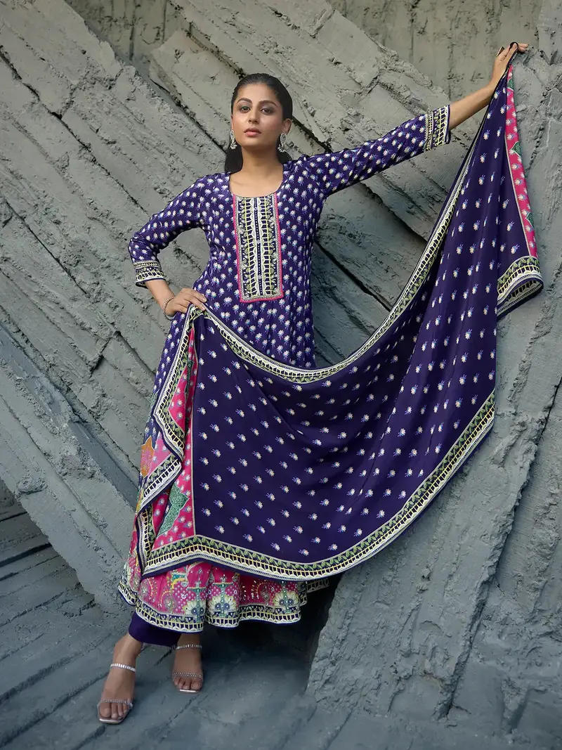 Navy Blue Floral Printed Synthetic Salwar Suit 5