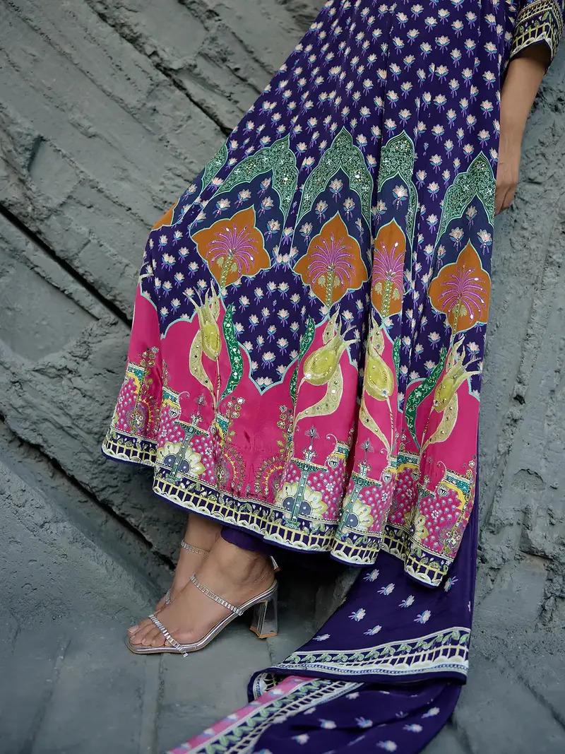 Navy Blue Floral Printed Synthetic Salwar Suit 6
