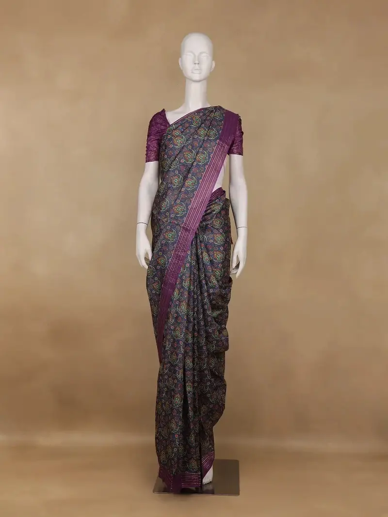 Navy Blue Floral Printed Tussar Silk Saree 1