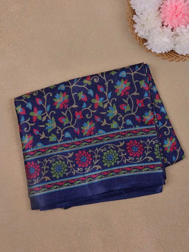 Navy Blue Floral Prints Fancy Cotton Saree 1