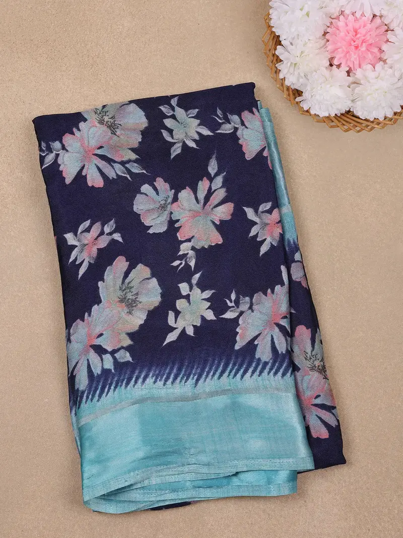 Navy Blue Floral Prints Fancy Georgette Saree 1