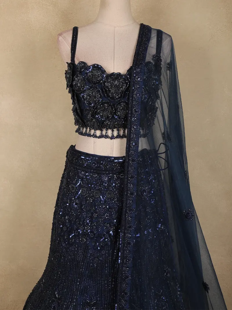 Navy Blue Floral Sequins And Beads Embroidered Design Net Mermaid Lehenga With Dupatta 1