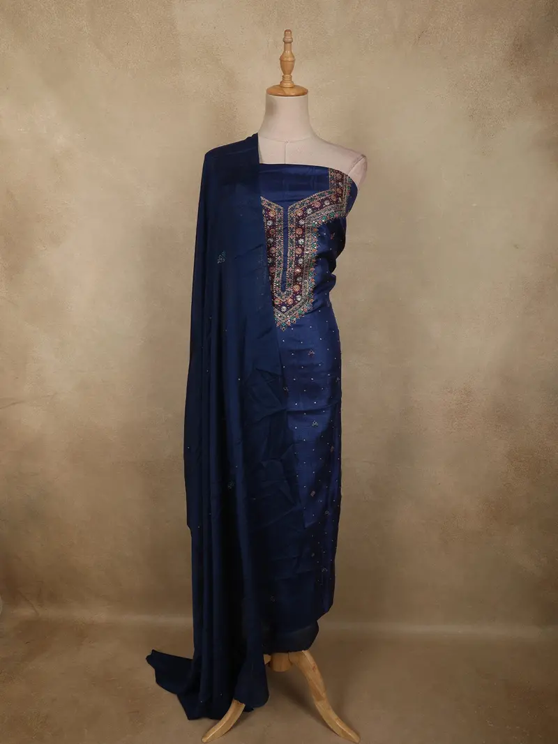 Navy Blue Floral Sequins And Thread Embroidered Design Tussar Silk Unstitched Salwar Material With Dupatta 1