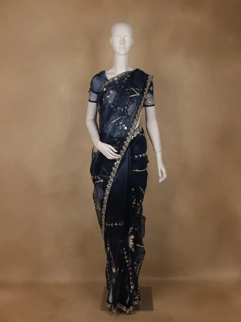 Navy Blue Floral Sequins Designed Net Saree 1