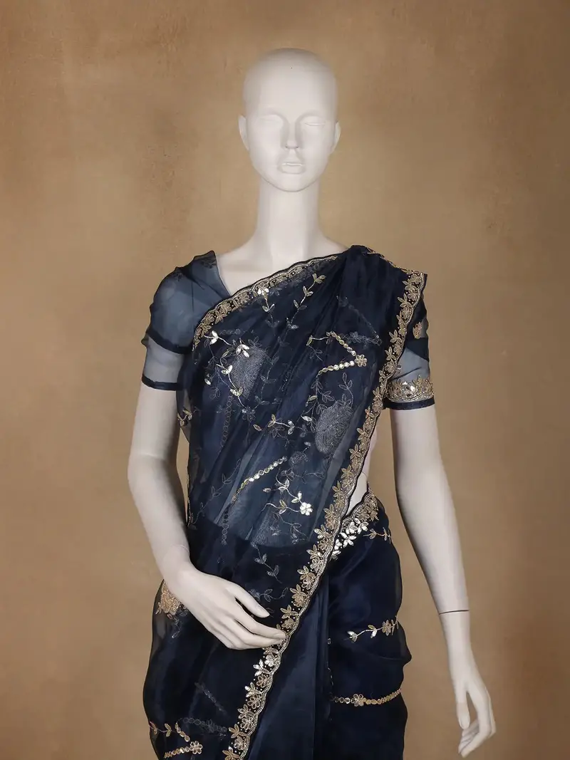 Navy Blue Floral Sequins Designed Net Saree 2