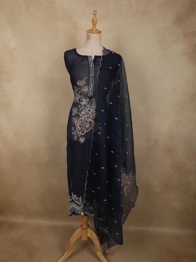 Navy Blue Floral Sequins Embroidered Design Georgette Unstitched Salwar Material With Dupatta 1