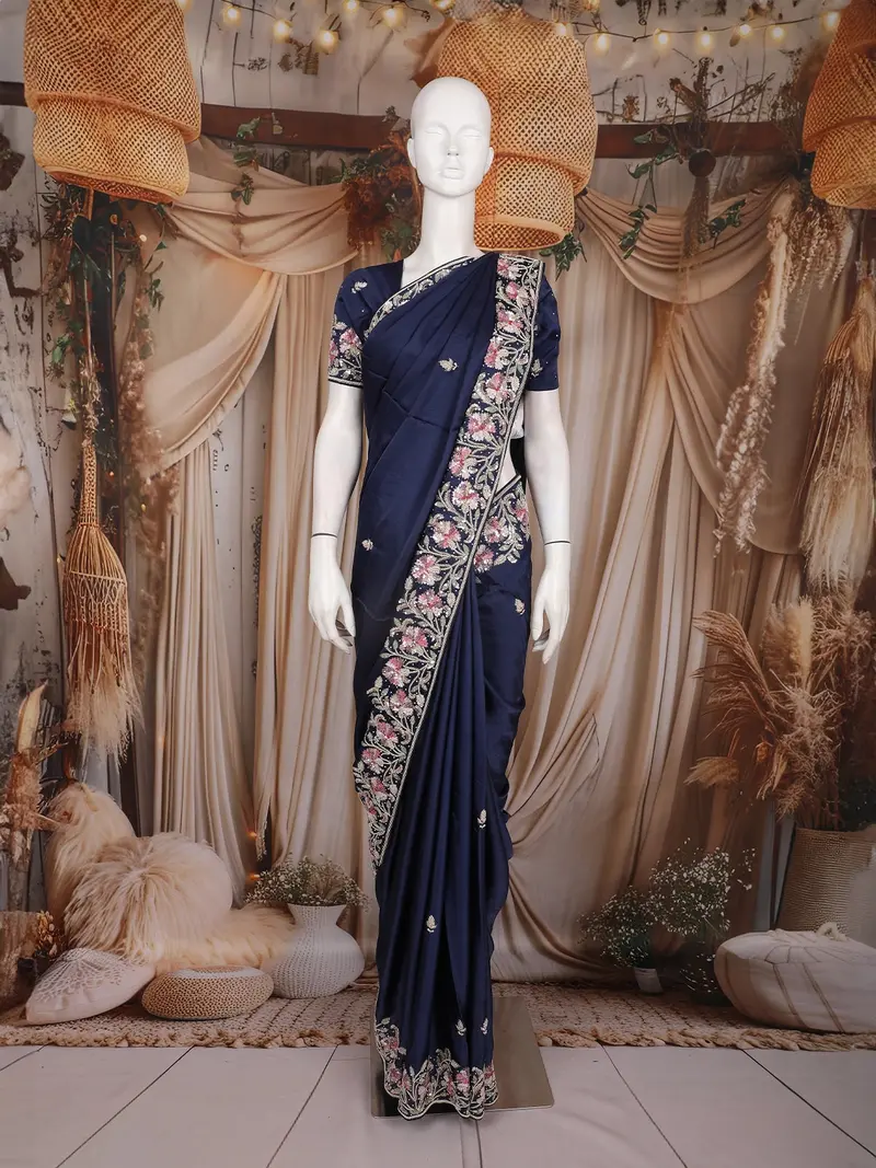 Navy Blue Floral Sequins Embroidered Design Satin Saree 1