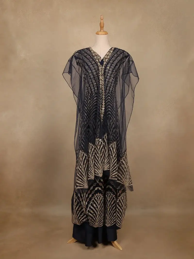 Navy Blue Floral Sequins Embroidered Net Gown 1