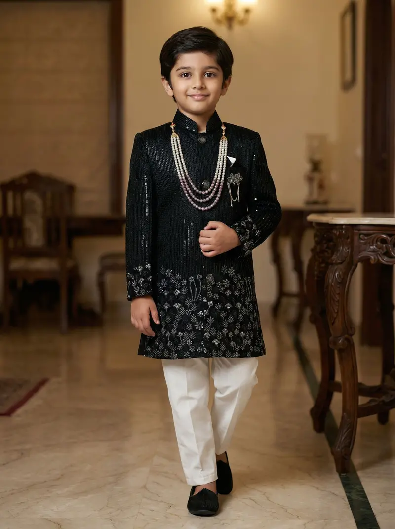 Navy Blue Floral Sequins Embroidered Velvet Kids Sherwani Set 1