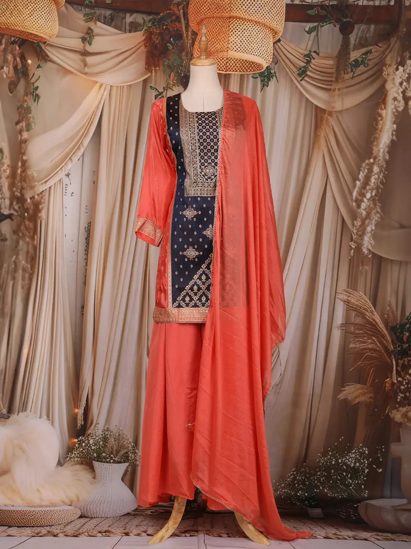 Navy Blue Floral Thread Embroidered Design Tissue Palazzo Suit With Dupatta 1