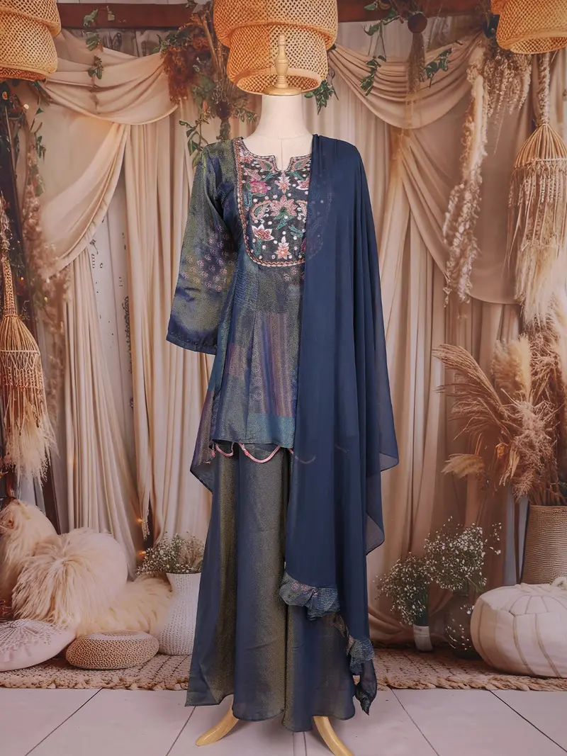 Navy Blue Floral Thread Embroidered Design Tissue Peplum Palazzo Suit 1