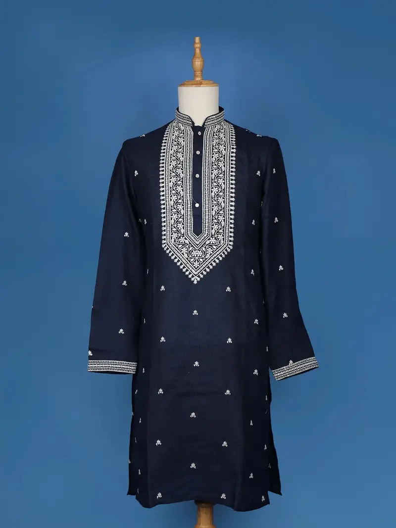 Navy Blue Floral Thread Embroidery Cotton Kurta Set With Pant 1
