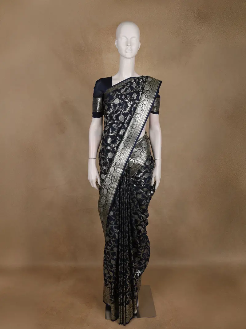 Navy Blue Floral Woven Banarasi Silk Saree With Silver Zari Border 1