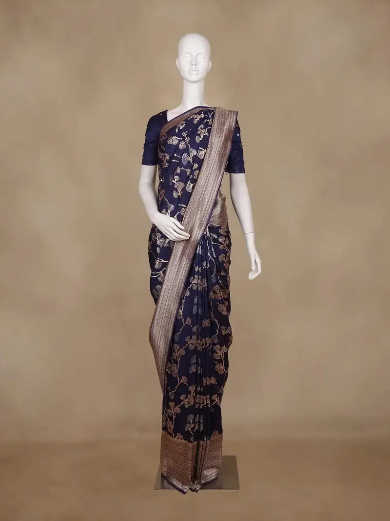 Navy Blue Floral Woven Banarasi Silk Saree With Zari Border 1