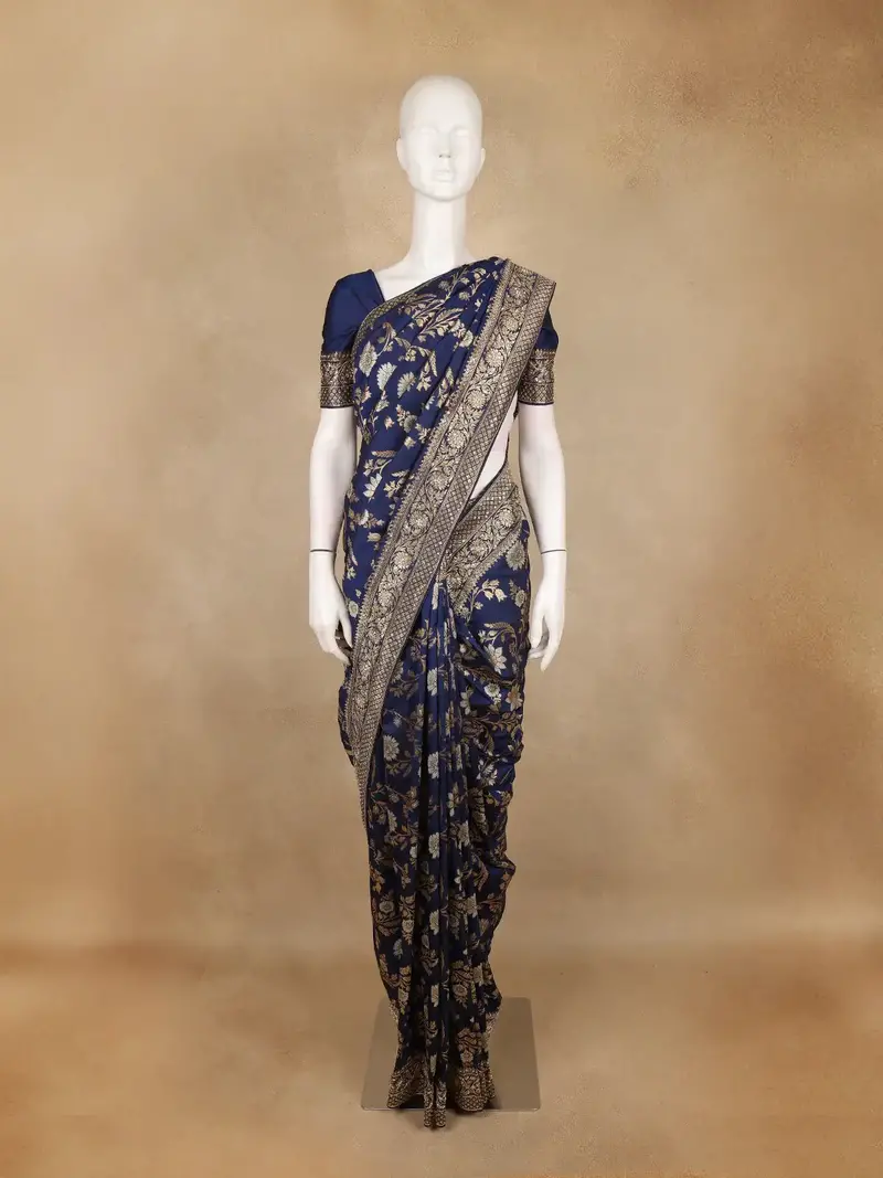 Navy Blue Floral Woven Design Banarasi Silk Saree 1