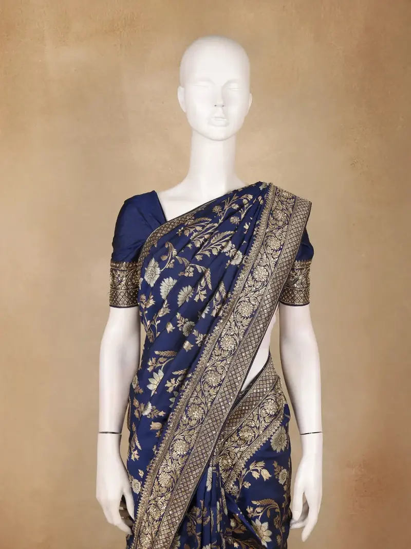 Navy Blue Floral Woven Design Banarasi Silk Saree 2