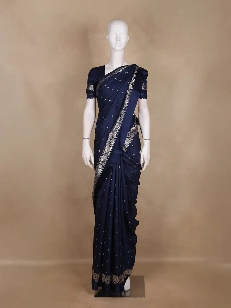 Navy Blue Floral Woven Design Pure Banarasi Saree 1