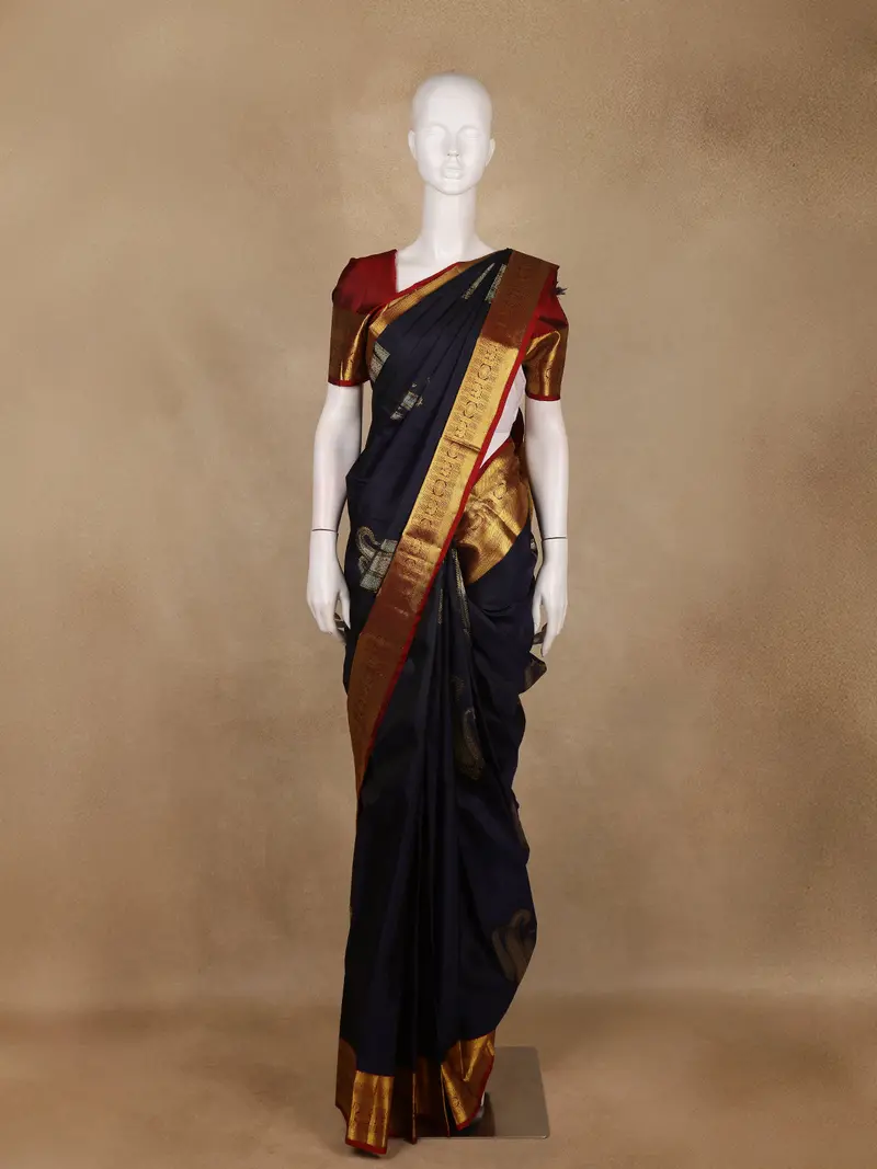 Navy Blue Floral Woven Design Pure Kanchipuram Silk Saree 1