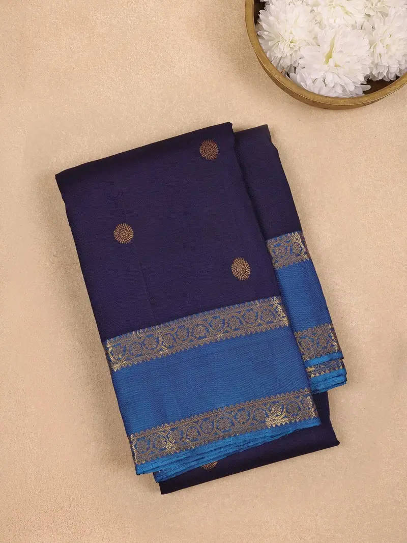 Navy Blue Floral Woven Pure Kanchipuram Silk Saree 1
