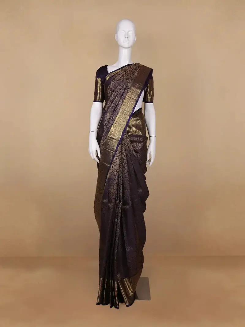 Navy Blue Floral Woven Pure Kanchipuram Silk Saree With Zari Border 1