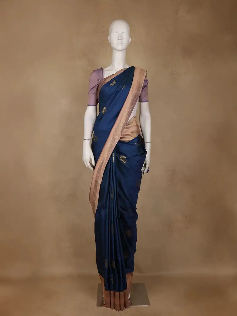 Navy Blue Floral Woven Soft Silk Saree With Copper Contrast Border 1