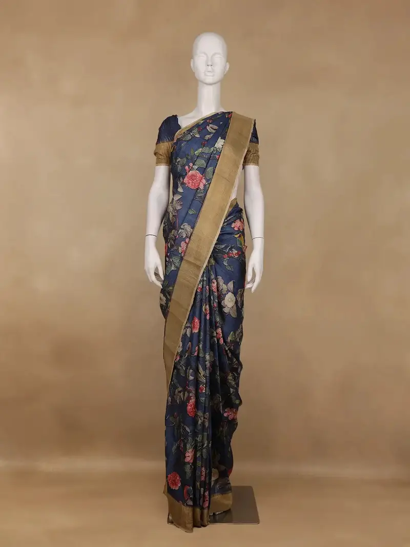 Navy Blue Floral Woven Tussar Silk Saree 1