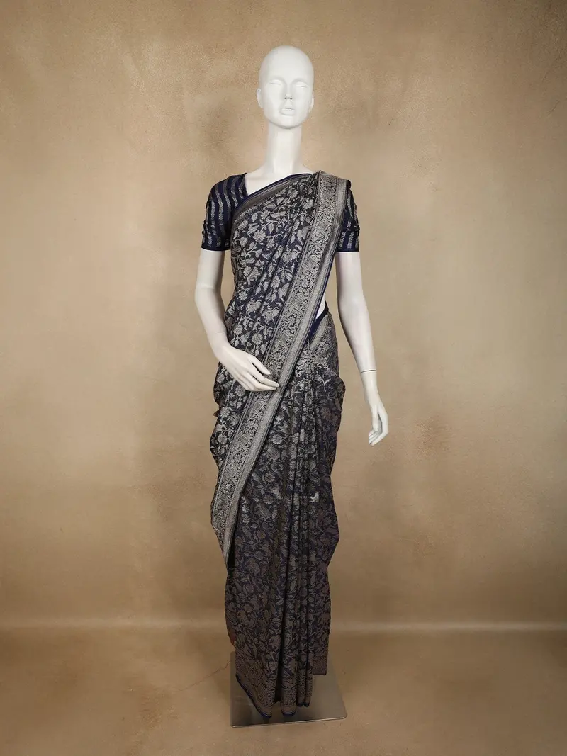 Navy Blue Floral Zari Woven Design Pure Banarasi Silk Saree With Zari Border 1