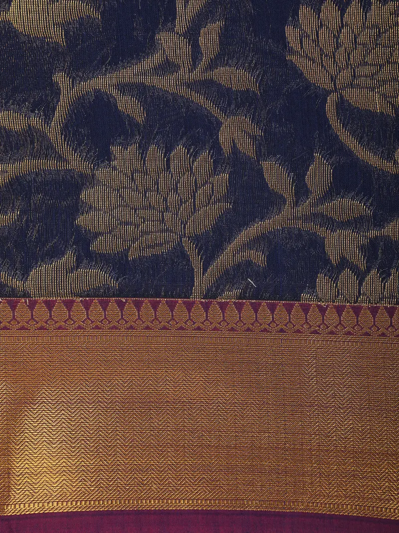 Navy Blue Floral Zari Woven Design Silk Cotton Saree With Contrast Border 2