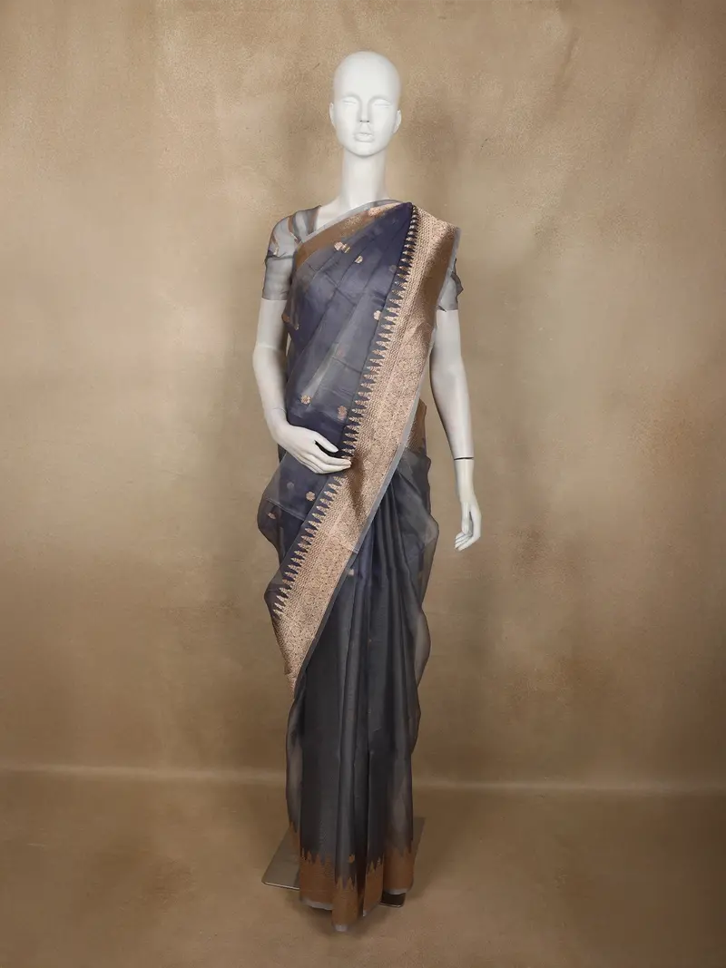 Navy Blue Floral Zari Woven Design Tissue Designer Saree With Zari Border 1