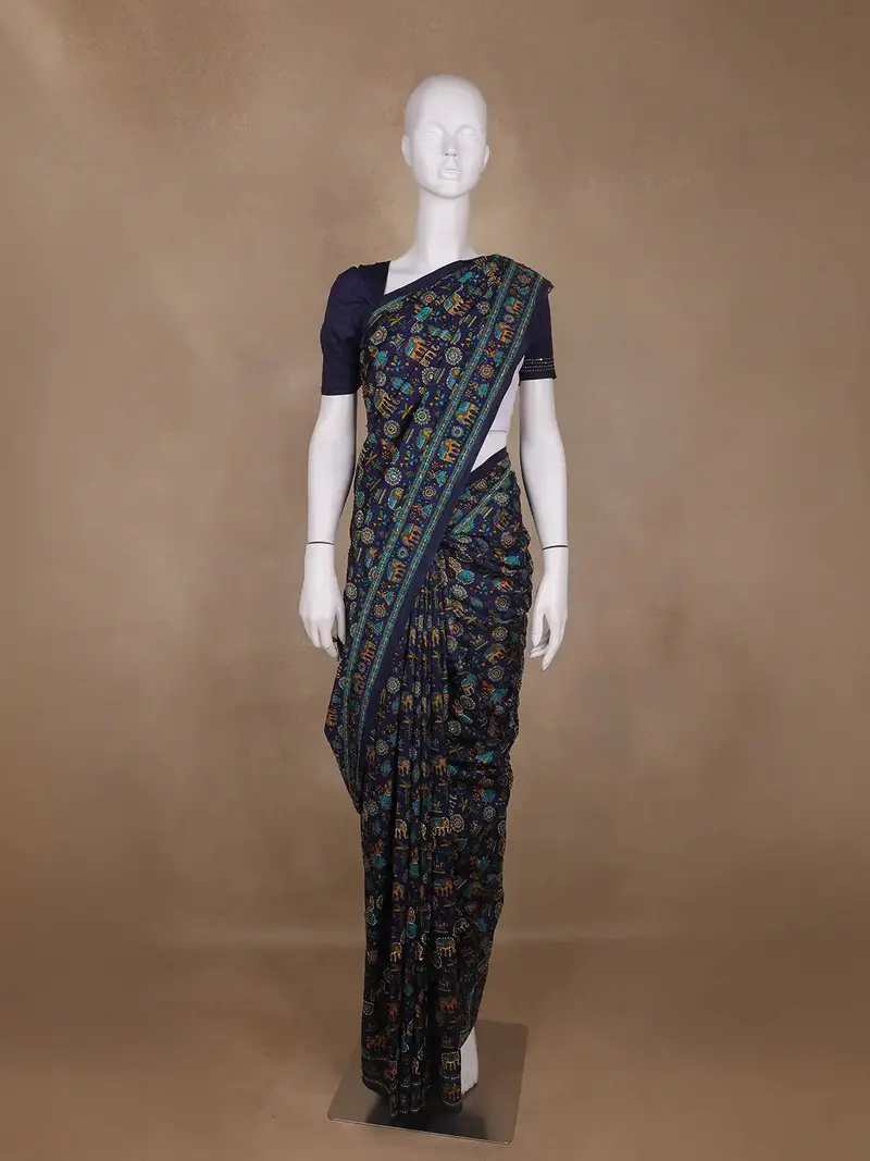 Navy Blue Folk Motif Print Chanderi Cotton Saree 1