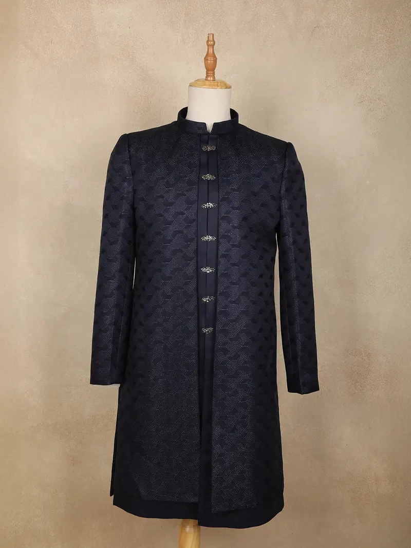 Navy Blue Geometric Design Polyester Sherwani Set 1