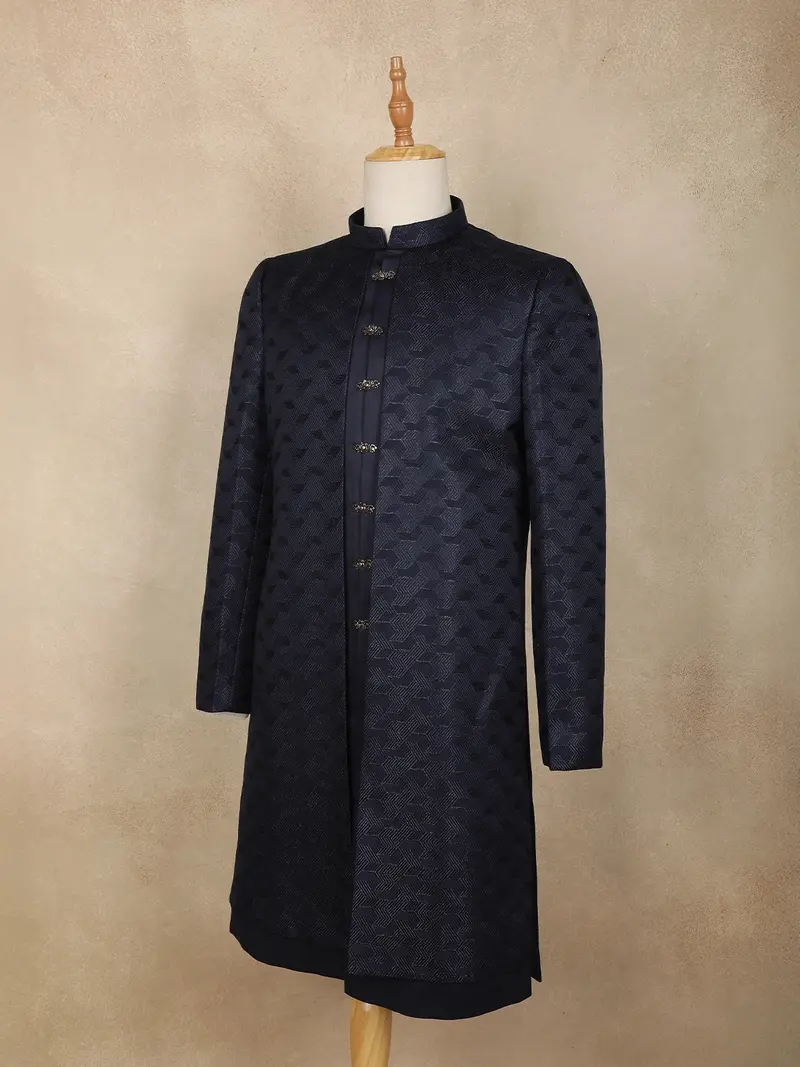 Navy Blue Geometric Design Polyester Sherwani Set 2