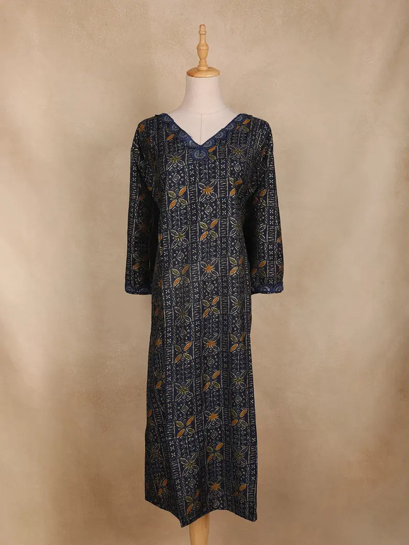 Navy Blue Geometric Floral Printed Rayon Kurti 1