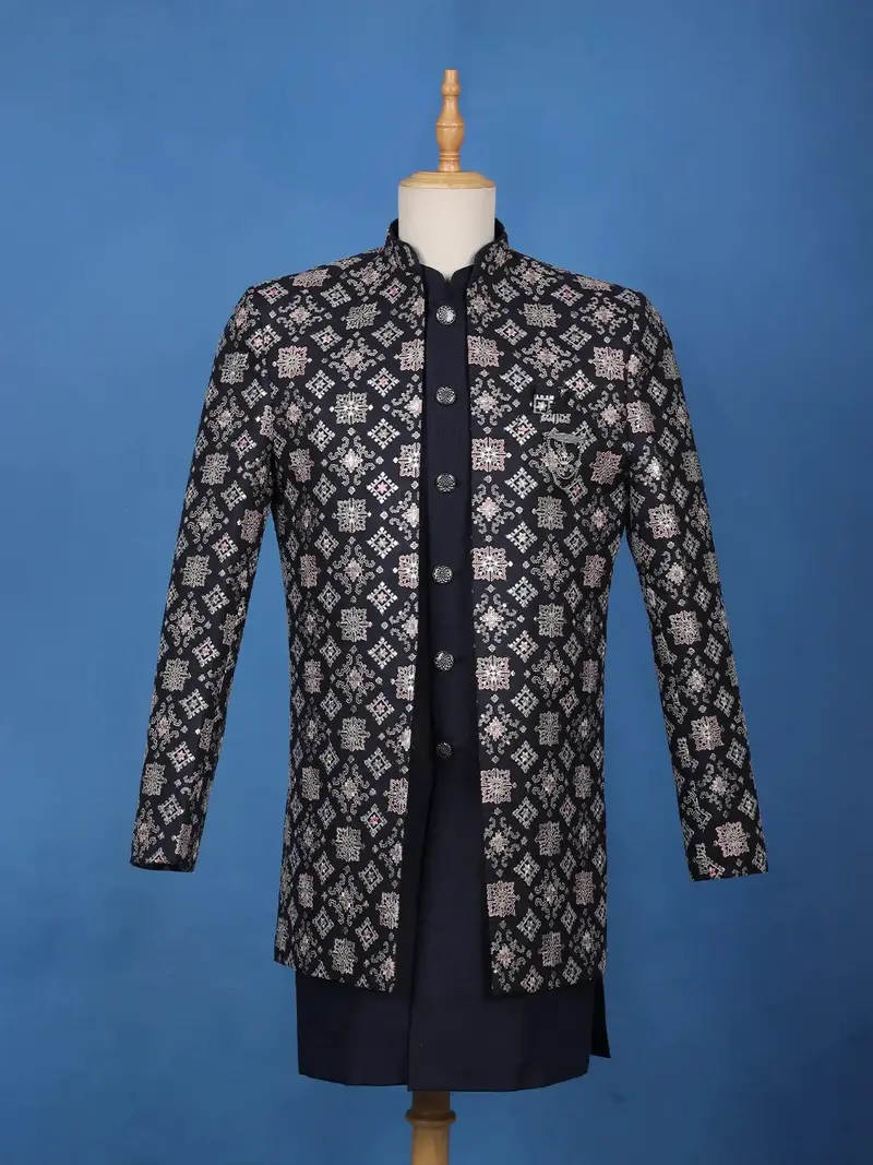 Navy Blue Geometric Motif Embroidered Jacquard Sherwani Suit 1