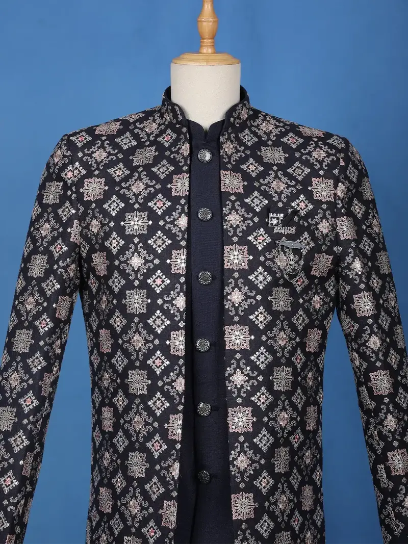 Navy Blue Geometric Motif Embroidered Jacquard Sherwani Suit 2