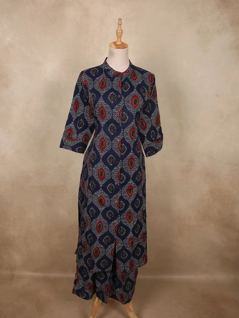 Navy Blue Geometric Printed Design Cotton Palazzo Suit 1