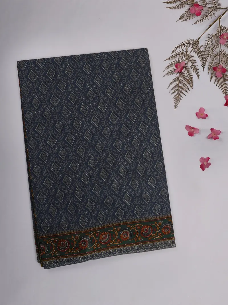 Navy Blue Geometric Printed Karishma Cotton Saree With Contrast Floral Border 1