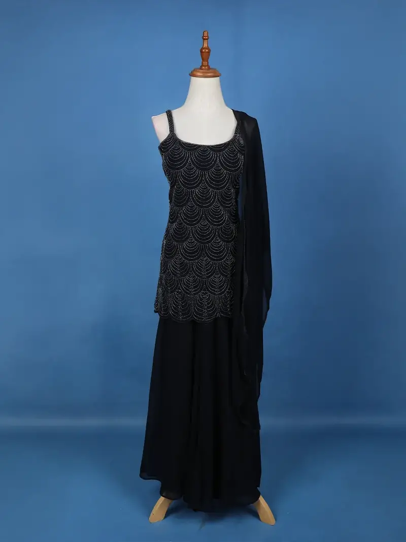 Navy Blue Geometric Sequin Embroidered Georgette Palazzo Suit 1