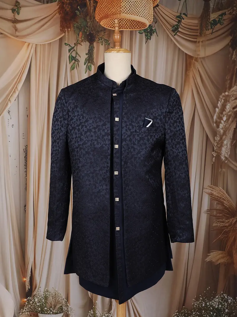 Navy Blue Geometric Textured Embroidered Indo-Western Polyester Sherwani For Men 1