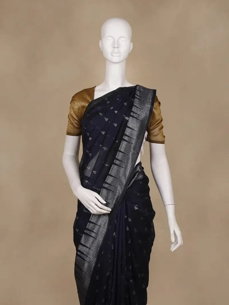Navy Blue Geometric Woven Kota Cotton Saree 2