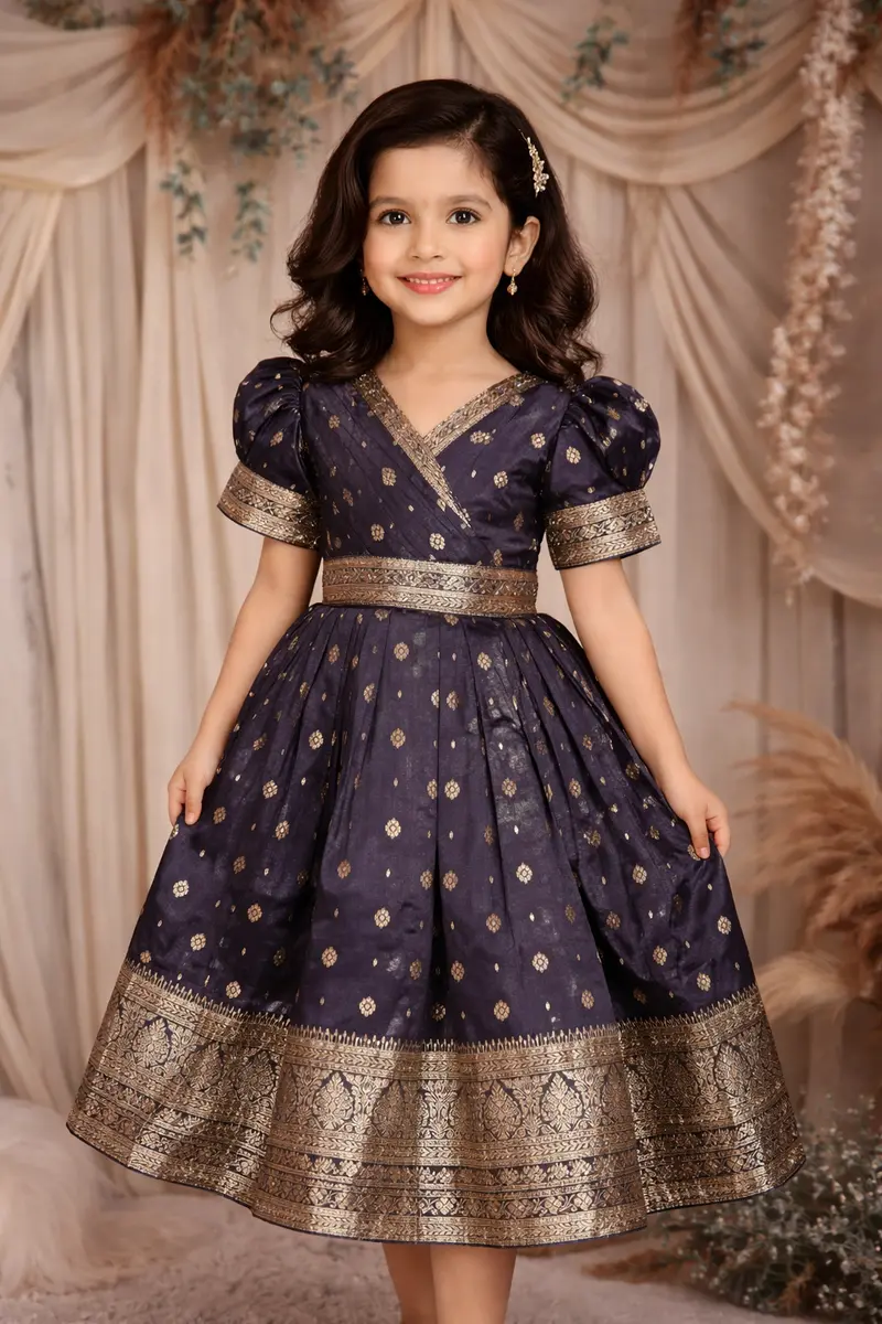 Navy Blue Gold Butta Woven Design Banarasi Party Wear Kids Gown 1